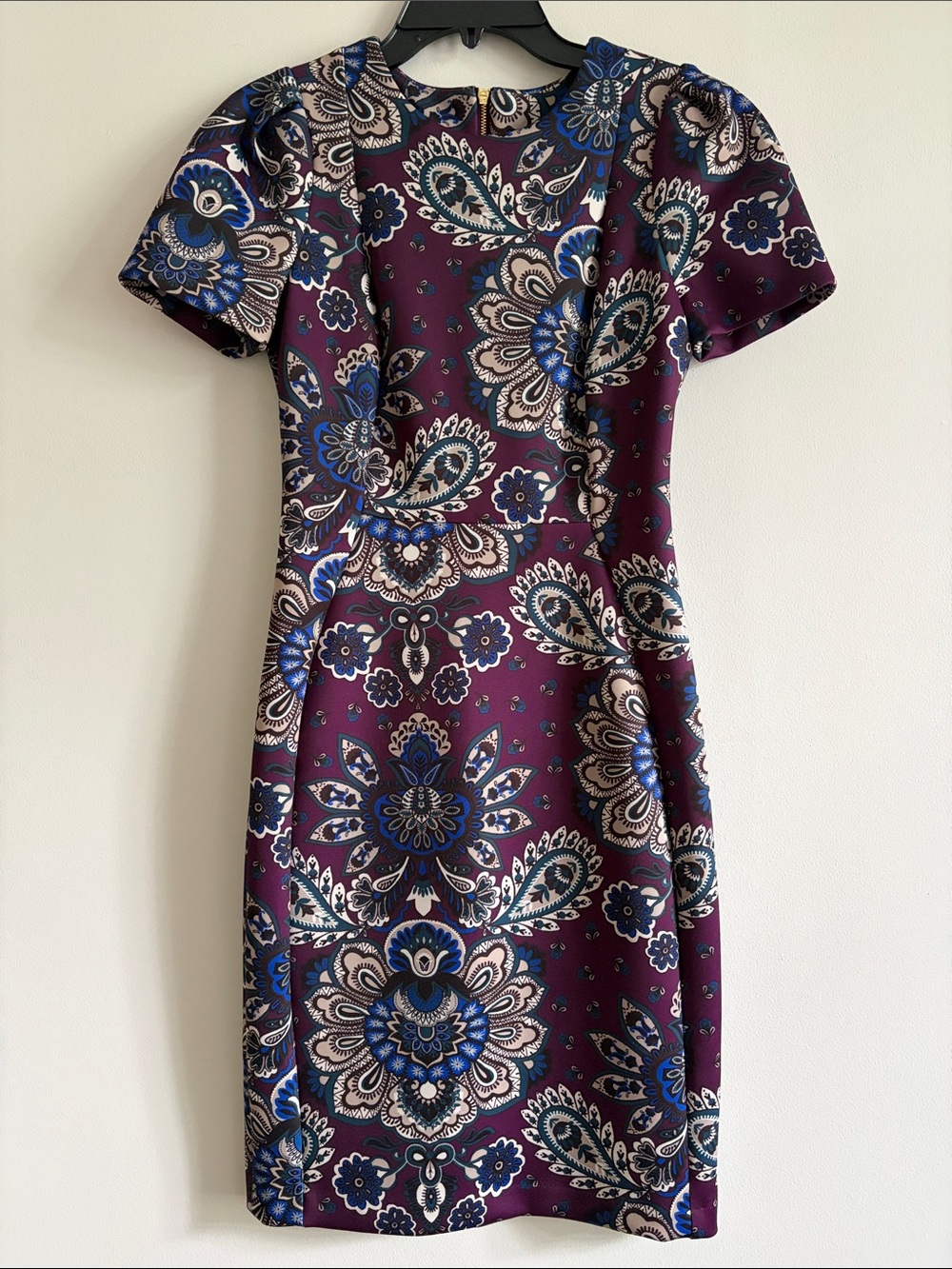 Calvin Klein Purple Paisley Sheath Dress with Blue Accents